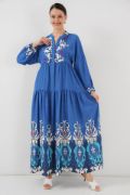 2423 Otantik Desenli Tesettür Elbise - F. İndigo resmi